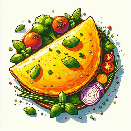 Illustration of a slice of pizza on a plate with fresh vegetablesのイラスト素材