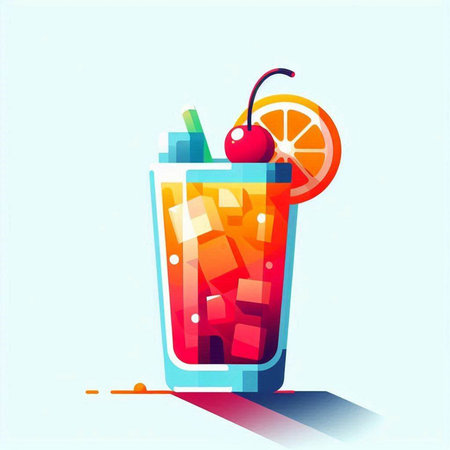 Cocktail with orange and cherry on blue background. Vector illustration.のイラスト素材