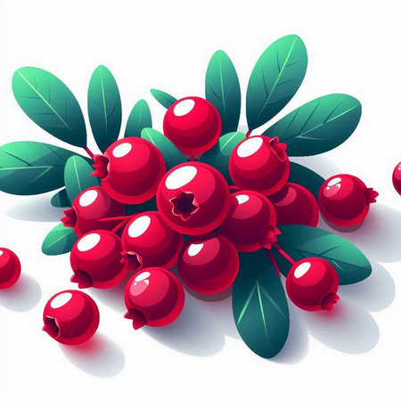 Cranberry background with red berries and green leaves. Vector illustration.のイラスト素材
