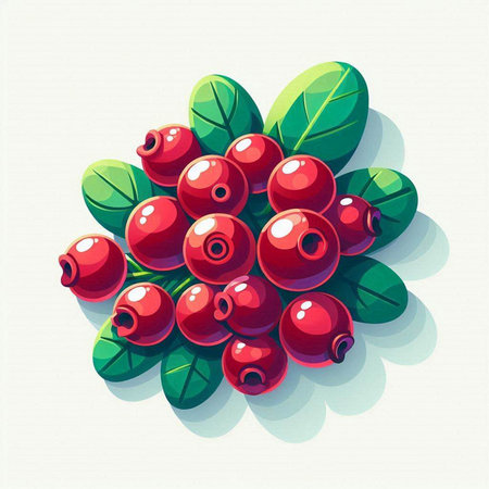 Bunch of red cranberries with green leaves. Vector illustration.のイラスト素材