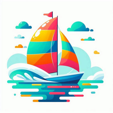 Sailing boat on the waves. Colorful vector illustration in flat style.のイラスト素材