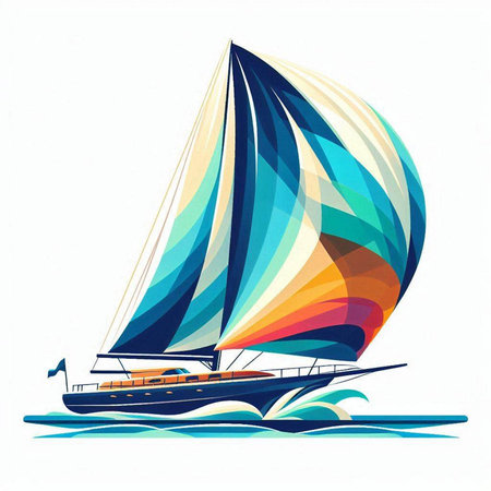 Sailing boat with blue and orange sails on the sea. Vector illustration.のイラスト素材