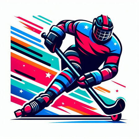 Hockey player with the stick and puck on the ice. Vector illustration.のイラスト素材