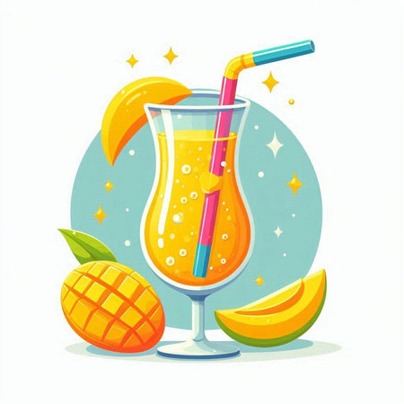 Fruit cocktail in glass with straws and mango, vector illustrationのイラスト素材