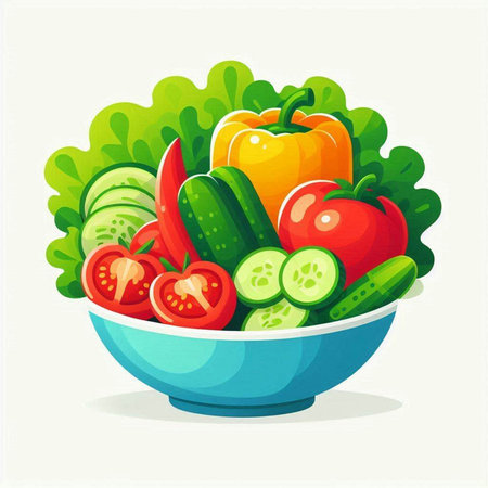 Fresh vegetables in a bowl. Vegetarian food. Vector illustration.のイラスト素材