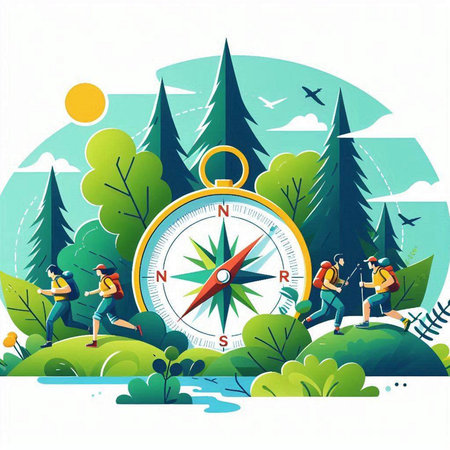 Vector illustration of a group of people hiking in the forest with a compassのイラスト素材