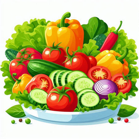 Illustration of fresh vegetables in a bowl on a white background.のイラスト素材