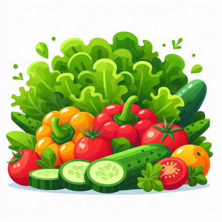 Vegetables vector illustration. Tomato, cucumber, pepper, tomato, lettuce.のイラスト素材