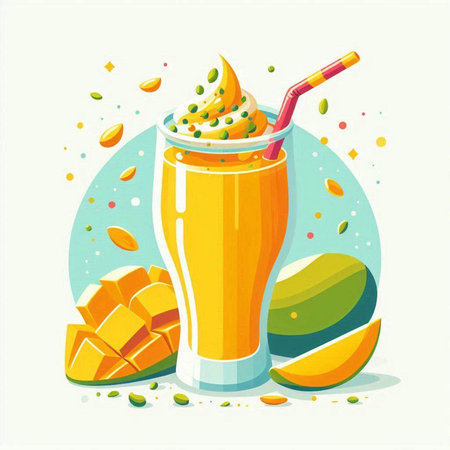 Mango smoothie in a glass with a straw. Vector illustration.のイラスト素材