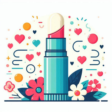 Lipstick with flowers and hearts. Flat style vector illustration.のイラスト素材