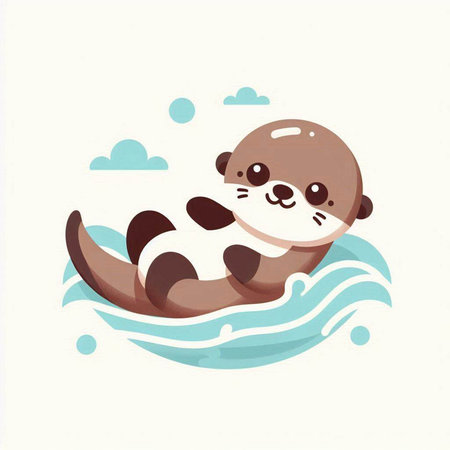 Cute little baby otter swimming in the sea. Vector illustration.のイラスト素材
