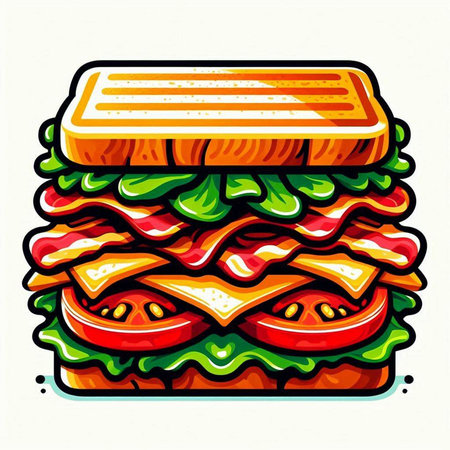 Sandwich with cheese, ham, tomato and lettuce. Vector illustration.のイラスト素材