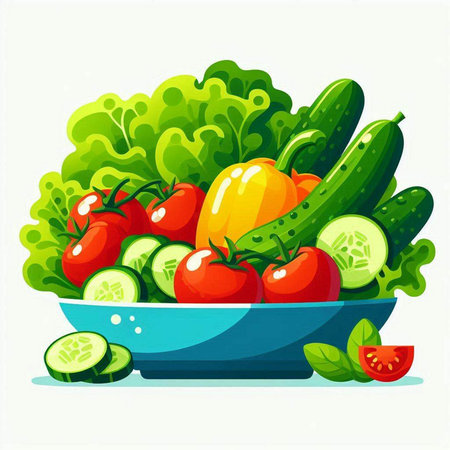 Fresh vegetables in a blue bowl. Vector illustration of healthy food.のイラスト素材