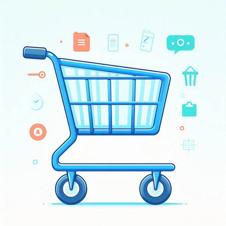 Shopping cart on blue background with business icons. Vector illustration.のイラスト素材