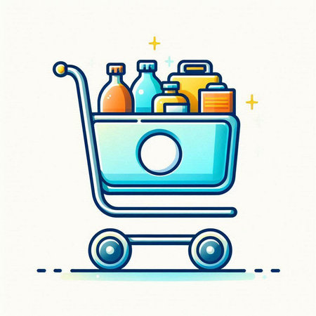 Shopping cart with cosmetics bottles in flat line style. Vector illustration.のイラスト素材