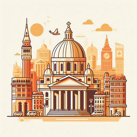 London skyline with famous landmarks. Colorful vector illustration in vintage style.のイラスト素材