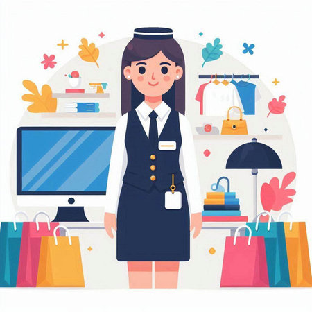 Young woman in uniform at the store. Vector illustration in flat styleのイラスト素材