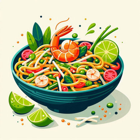 Noodles with shrimps and vegetables. Vector illustration.のイラスト素材