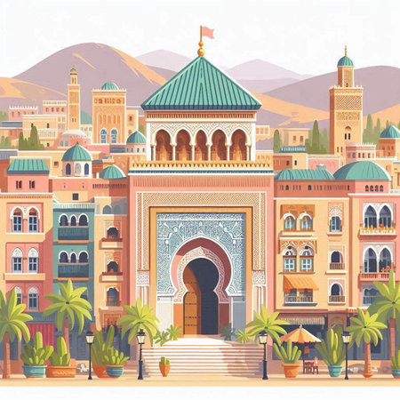 Mosque in the old town of Morocco. Vector illustration in flat style.のイラスト素材