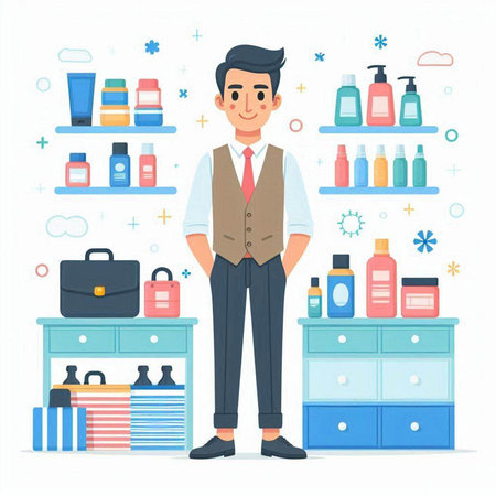 Man in a beauty salon. Cosmetics shop. Vector illustration in flat styleのイラスト素材