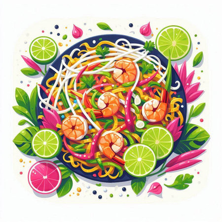 Spaghetti with shrimp, lime and parsley. Vector illustration.のイラスト素材