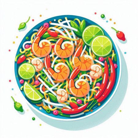 Illustration of a bowl of spicy shrimps with vegetables and limeのイラスト素材