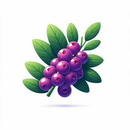 Bunch of ripe blueberries with green leaves on a white backgroundのイラスト素材