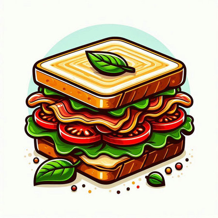 Sandwich with cheese, tomato, cucumber and basil. Vector illustration.のイラスト素材