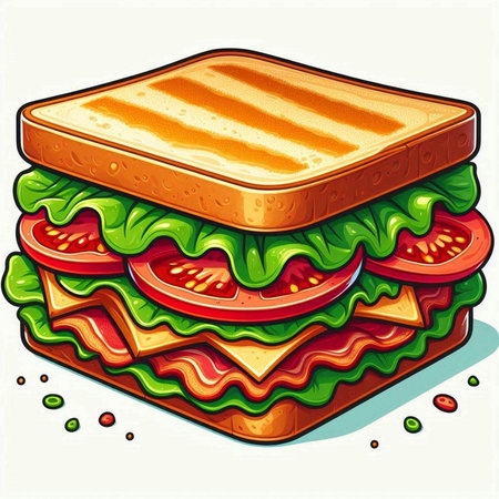 Sandwich with ham, cheese, tomato and lettuce. Vector illustration.のイラスト素材