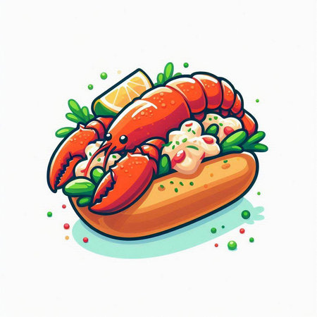 Illustration of a hot dog with lobster and sauce. Vector illustration.のイラスト素材