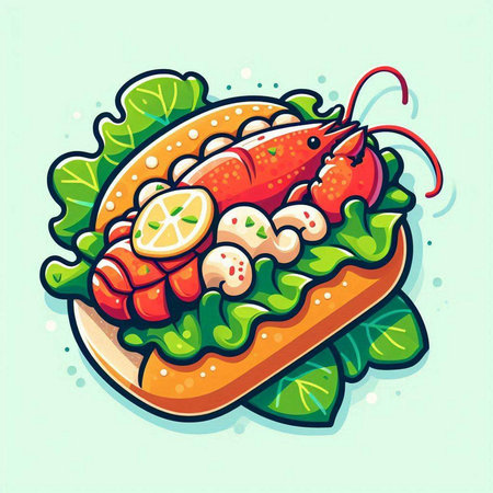Illustration of a hot dog with shrimp, lettuce and lemon.のイラスト素材