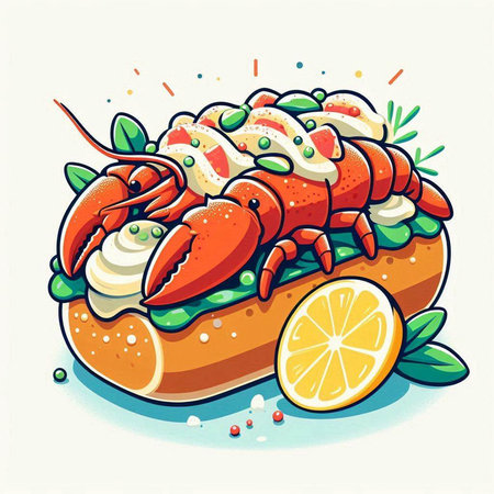 Lobster hot dog with lemon and herbs. Vector illustration.のイラスト素材