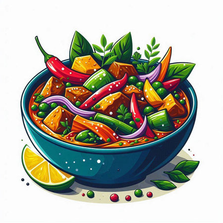 Vegetable stew in bowl with pepper, green peas and lemon. Vector illustrationのイラスト素材