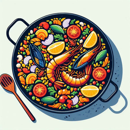 Vector illustration of a cooking pan with prawns and vegetables.のイラスト素材