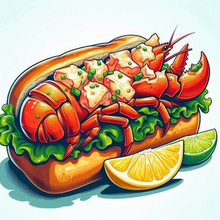 Lobster hot dog with lettuce, tomato and lemon. Vector illustration.のイラスト素材