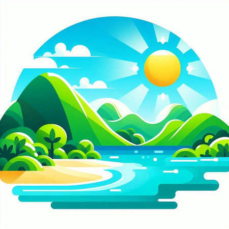 Landscape with mountains, river and sun. Vector Illustration.のイラスト素材