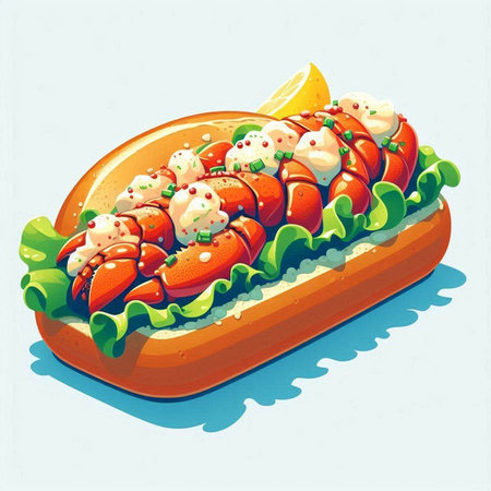 Illustration of a hot dog with lettuce, tomato and mayonnaiseのイラスト素材