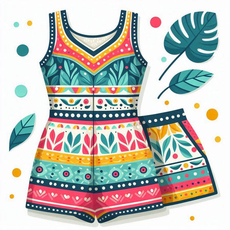Women's summer dress with a pattern of bright colors. Vector illustrationのイラスト素材