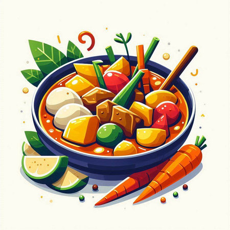 Vegetable soup with tofu and vegetables in a bowl. Vector illustration.のイラスト素材