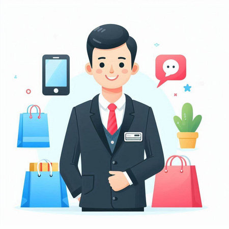 Businessman with shopping bags and mobile phone. Online shopping concept.のイラスト素材