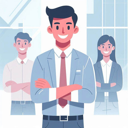 Confident businessman standing in front of his team in office. Vector illustrationのイラスト素材