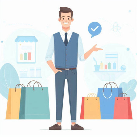 Man with shopping bags. Vector illustration in flat cartoon style on white background.のイラスト素材