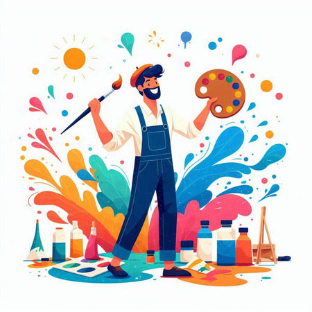 Painter with brush and palette of paints. Vector illustration in cartoon styleのイラスト素材
