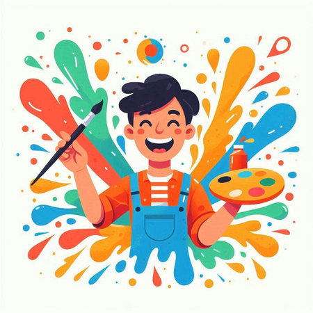 Happy boy painter with brush and palette. Vector flat cartoon illustration.のイラスト素材