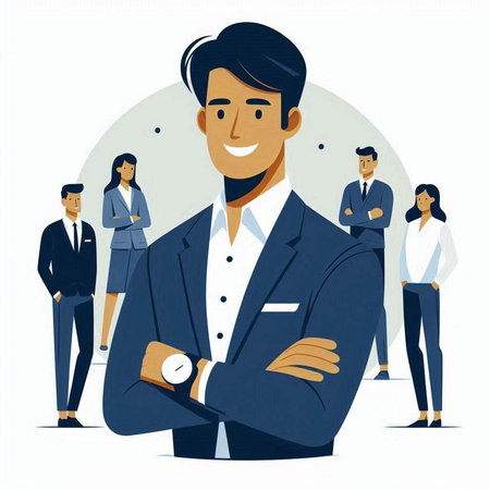 Vector illustration of a businessman standing in front of his team. Business concept.のイラスト素材