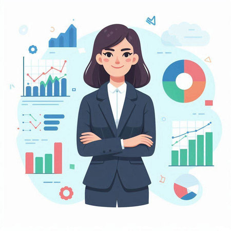 Business woman in business suit standing with crossed arms. Vector illustration.のイラスト素材