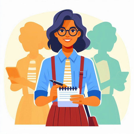 Young woman in glasses with notebook and smartphone. Vector illustration in cartoon styleのイラスト素材