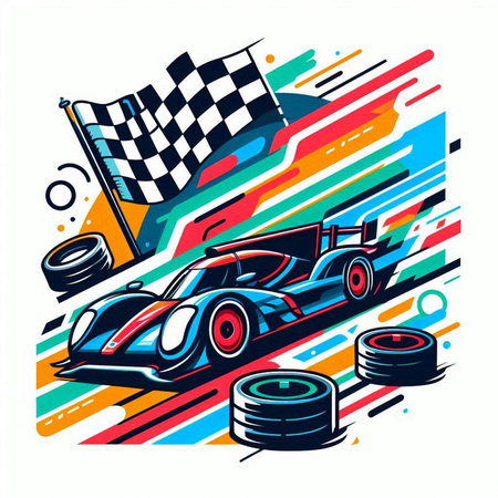 Racing car on racing track with checkered flag, vector illustrationのイラスト素材