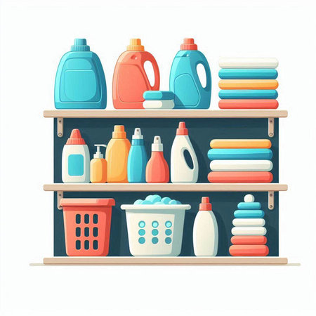 Detergents in a shelf. Vector illustration in cartoon styleのイラスト素材
