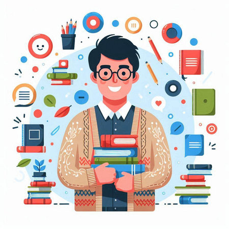 Male student with pile of books. Vector illustration in flat style.のイラスト素材